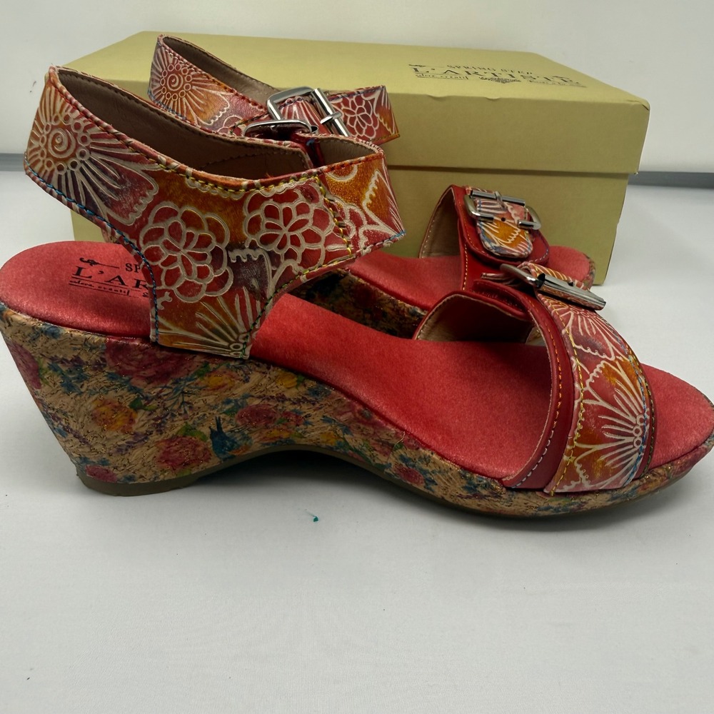Spring Step L'Artiste Tanaquil Red Leather Wedge Sandals Floral Size 37 6.5-7